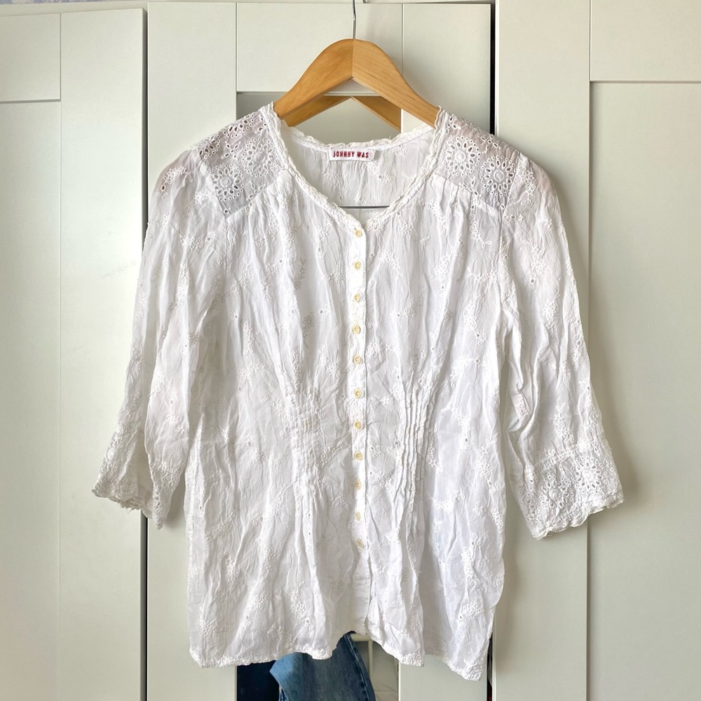 Johnny Was White Ruched 3/4 Sleeve Blouse